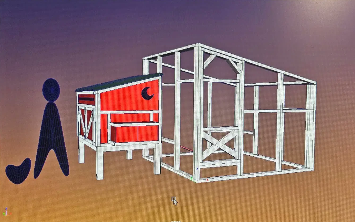 The coop modelled in Maya: a framed run with the hen house attached at one end, next to a human figure for scale.
