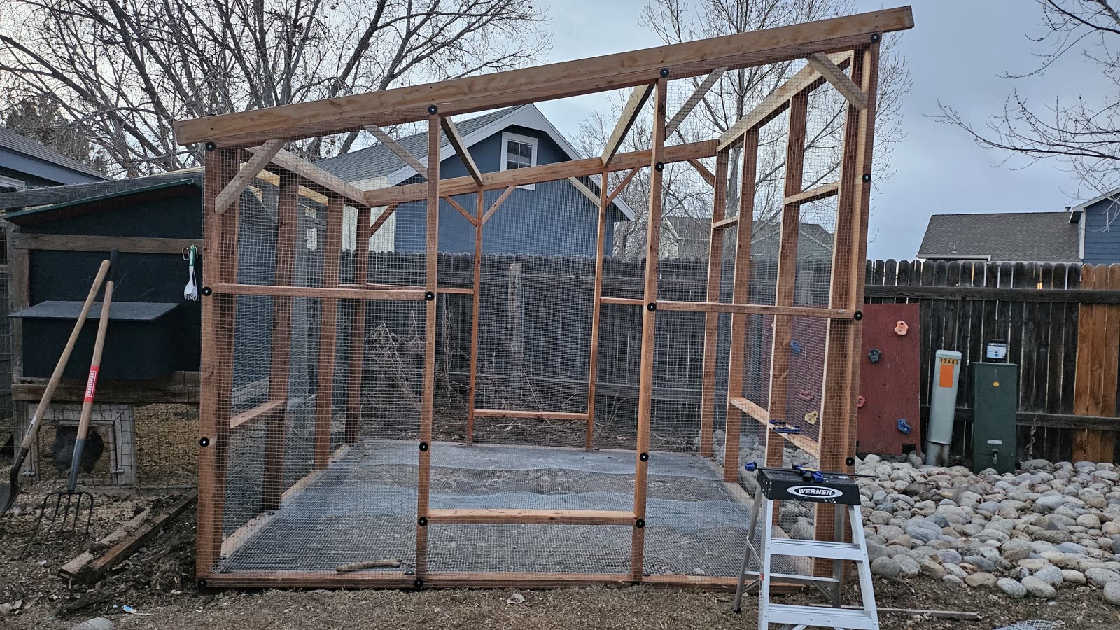 The run with its roof rafters in place.