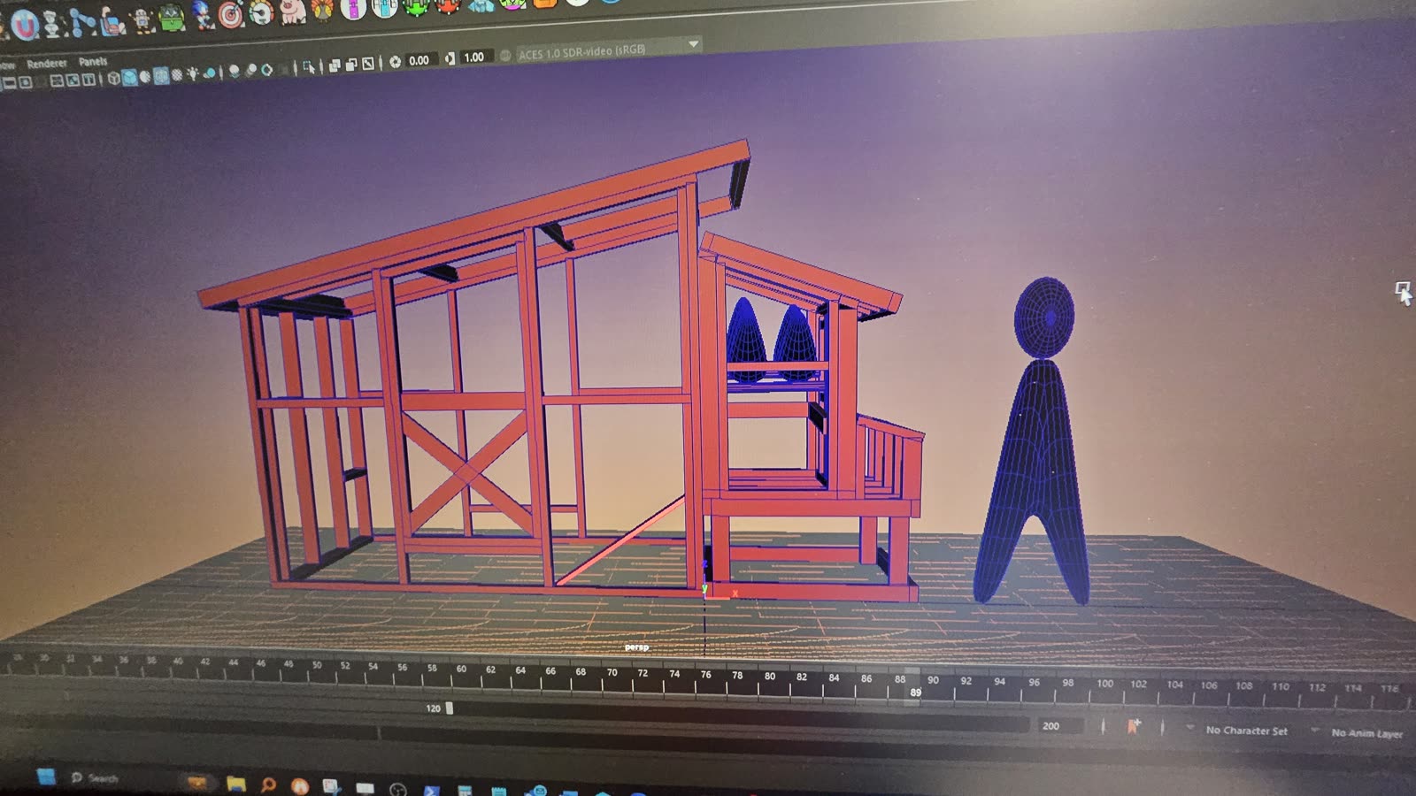 The second Maya pass on screen, with the hen house worked out in detail.
